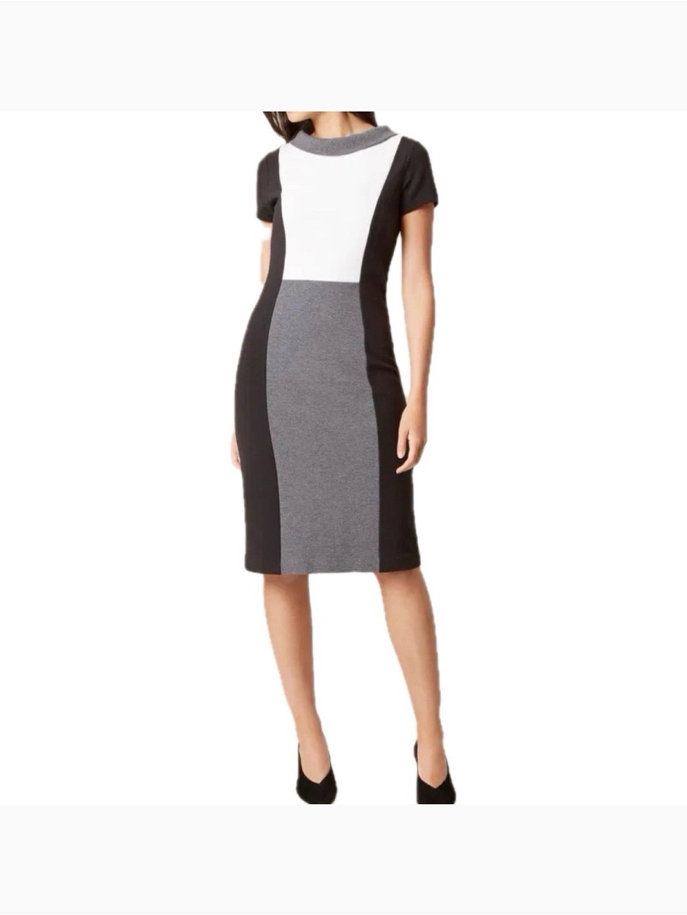 Slimming Colorblock Midi Dress in Black, White & Gray